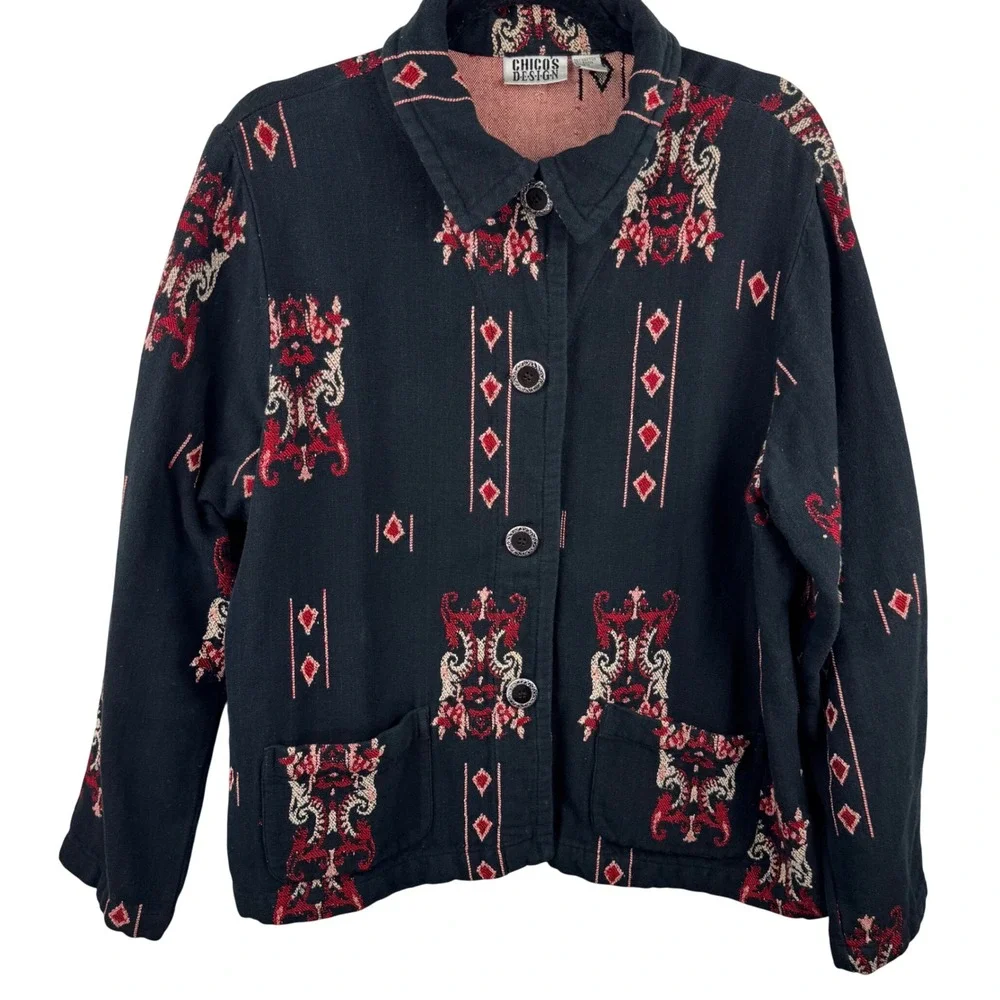 Chico's Design Jacket Womens 2 Large Black Red Tapestry‎ Cotton Blend Boho Artsy